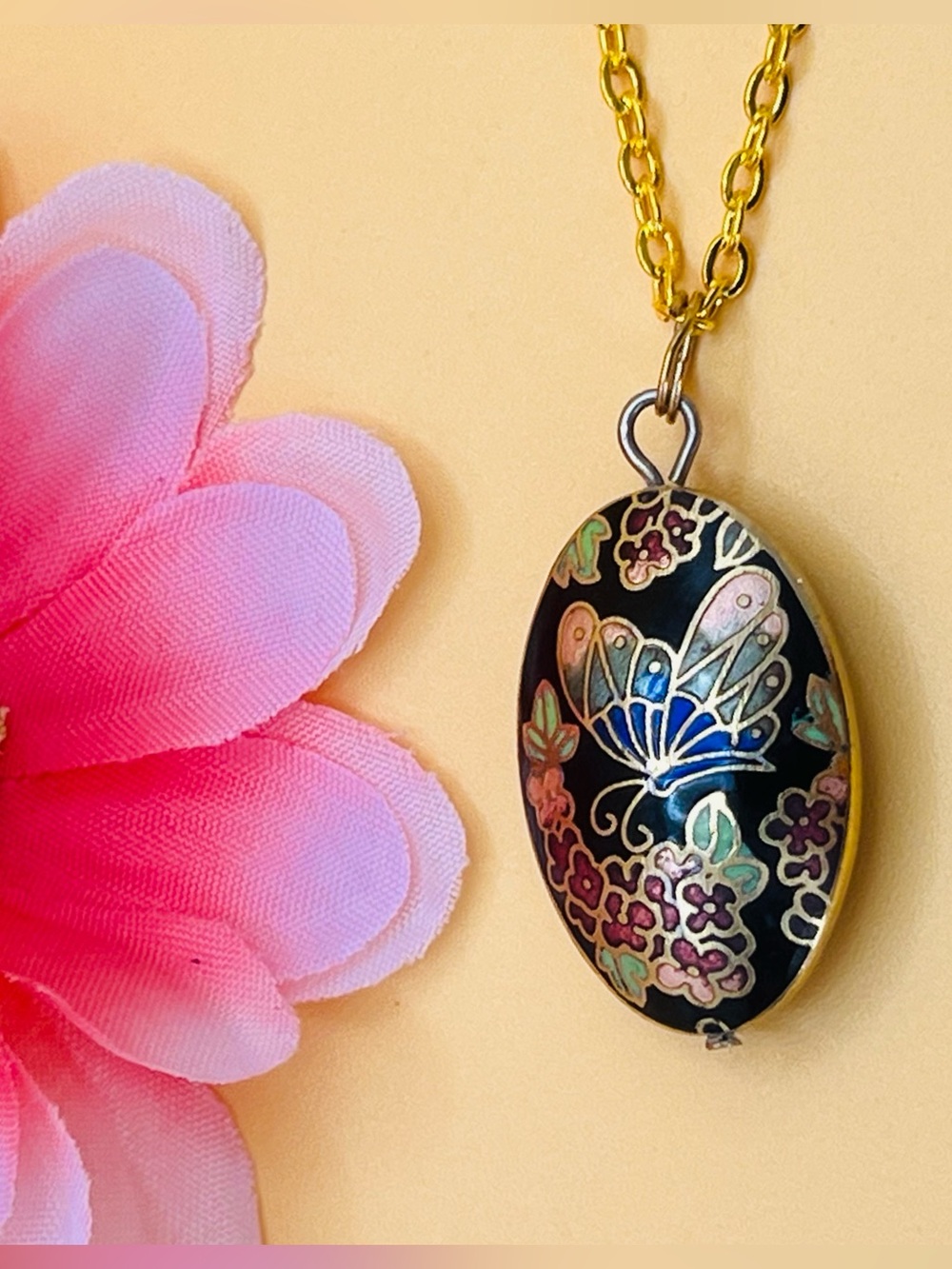 Vintage Black Cloisonne Enamel Butterfly Pendant Necklace